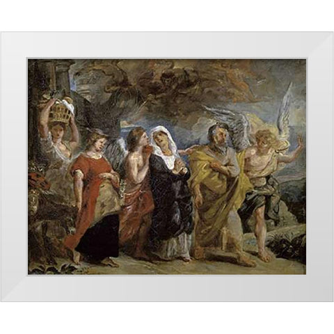 Copy After The Flight of Lot By Rubens White Modern Wood Framed Art Print by Delacroix, Eugene