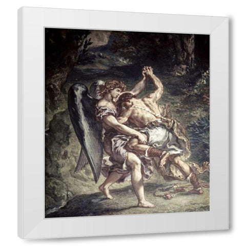 Jacob Wrestles With The Angel White Modern Wood Framed Art Print by Delacroix, Eugene