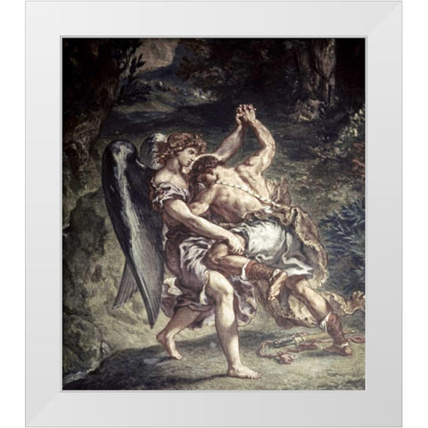 Jacob Wrestles With The Angel White Modern Wood Framed Art Print by Delacroix, Eugene