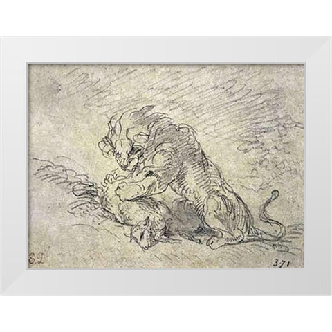 Lion Consuming a Sheep White Modern Wood Framed Art Print by Delacroix, Eugene
