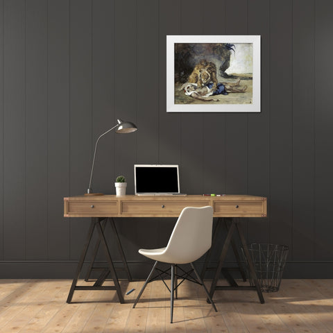 Lion Rending Apart a Corpse White Modern Wood Framed Art Print by Delacroix, Eugene