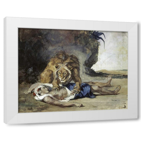 Lion Rending Apart a Corpse White Modern Wood Framed Art Print by Delacroix, Eugene