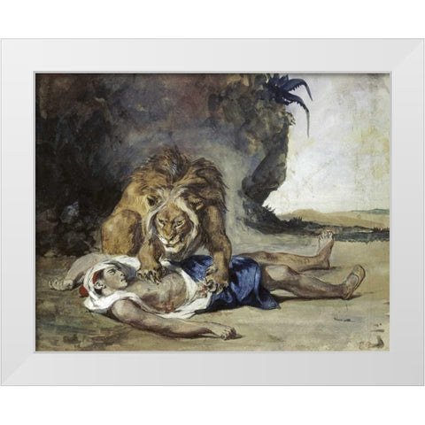 Lion Rending Apart a Corpse White Modern Wood Framed Art Print by Delacroix, Eugene