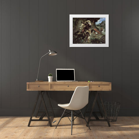Tiger Hunt White Modern Wood Framed Art Print by Delacroix, Eugene