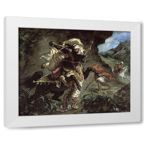 Tiger Hunt White Modern Wood Framed Art Print by Delacroix, Eugene