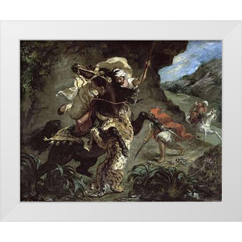 Tiger Hunt White Modern Wood Framed Art Print by Delacroix, Eugene