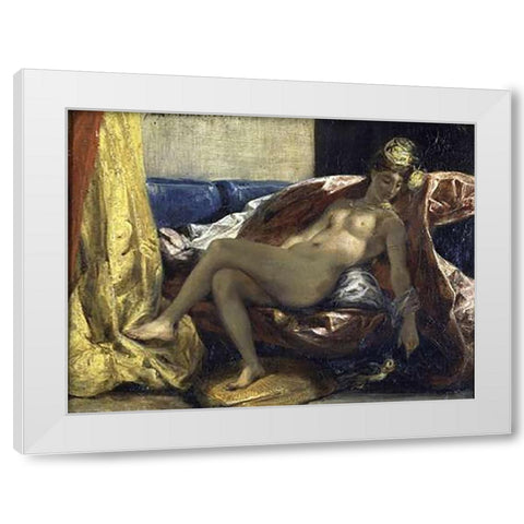 Woman Caressing a Parrot White Modern Wood Framed Art Print by Delacroix, Eugene