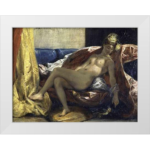 Woman Caressing a Parrot White Modern Wood Framed Art Print by Delacroix, Eugene
