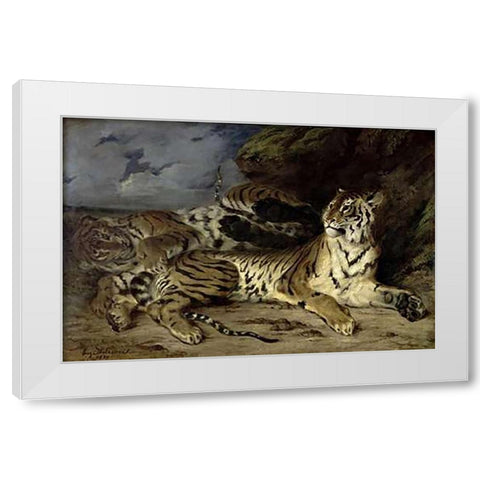 Young Tiger Playing with his Mother White Modern Wood Framed Art Print by Delacroix, Eugene