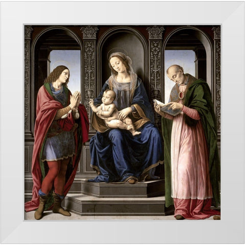 Virgin and Child With St. Julian and St. Nicholas of Myra White Modern Wood Framed Art Print by di Cre, Lorenzo