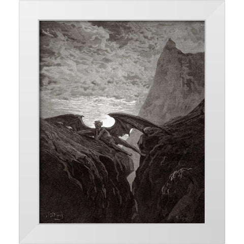 Satan Resting On The Mountain - from Miltons Paradise Lost White Modern Wood Framed Art Print by Dore, Gustave