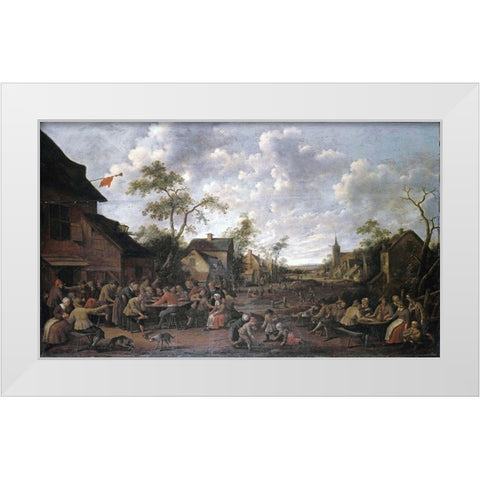 Peasants Feasting On a Village Street White Modern Wood Framed Art Print by Droochsloot, Joost Cornelisz