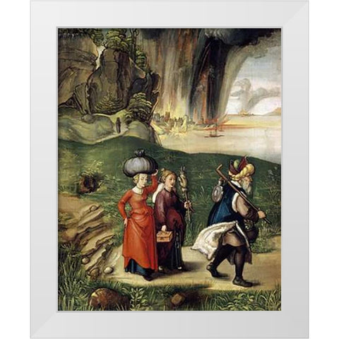 Lot and His Family Fleeing From Sodom White Modern Wood Framed Art Print by Durer, Albrecht