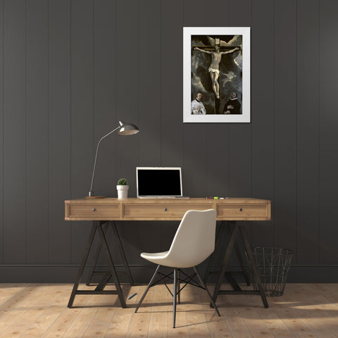 Christ on the Cross Adored by Two Donors White Modern Wood Framed Art Print by El Greco