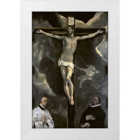 Christ on the Cross Adored by Two Donors White Modern Wood Framed Art Print by El Greco