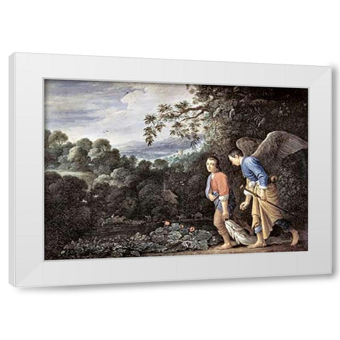 Tobias and The Angel White Modern Wood Framed Art Print by Elsheimer, Adam