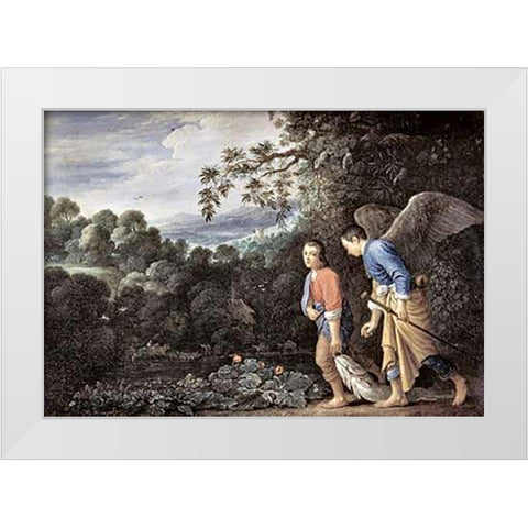 Tobias and The Angel White Modern Wood Framed Art Print by Elsheimer, Adam