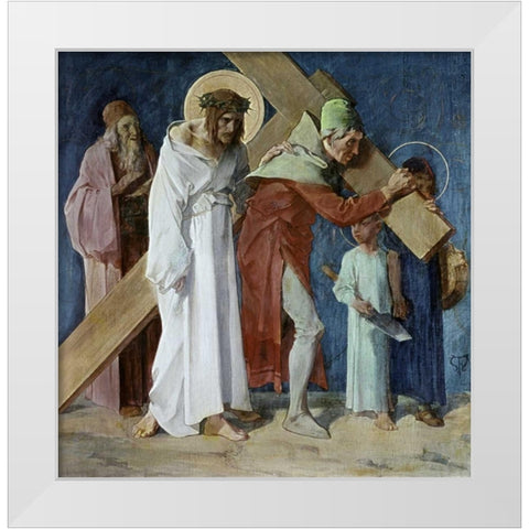 Simon of Cyrene Helps Jesus, 5th Station of The Cross White Modern Wood Framed Art Print by Feuerstein, Martin
