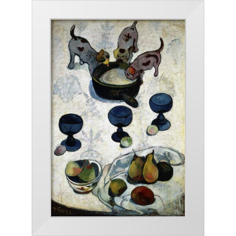 Still Life with Three Dogs, - Nature Morte aux Trois Chiots White Modern Wood Framed Art Print by Gauguin, Paul