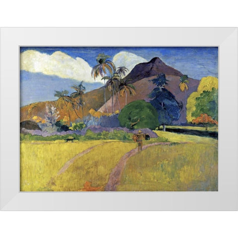 Tahitian Landscape with a Mountain White Modern Wood Framed Art Print by Gauguin, Paul