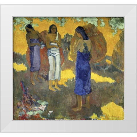 Three Tahitian Women Against a Yellow Background, - Trois Tahitiennes sur un Fond Jaune White Modern Wood Framed Art Print by Gauguin, Paul