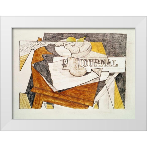 Still Life With a Newspaper and a Wooden Table White Modern Wood Framed Art Print by Gris, Juan