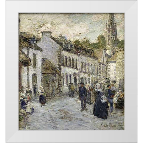 Street In Pont Aven In Evening White Modern Wood Framed Art Print by Hassam, Childe