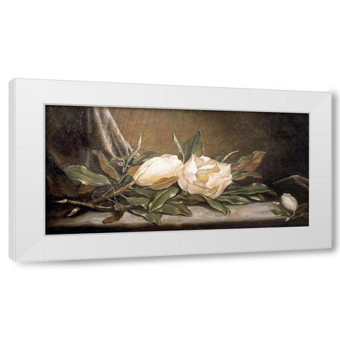 White Magnolias On a Blue Cloth White Modern Wood Framed Art Print by Heade, Martin Johnson