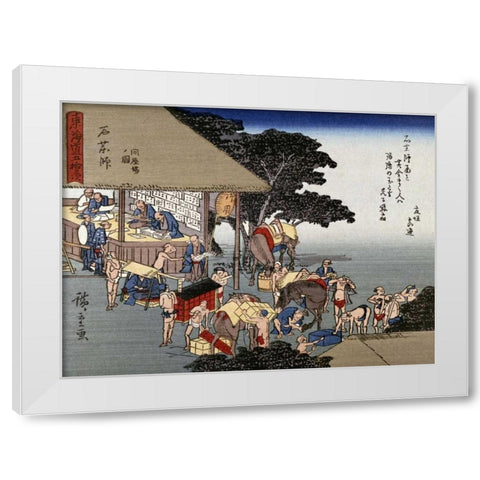 Kusatsu, Coolies Resting at a Teahouse White Modern Wood Framed Art Print by Hiroshige