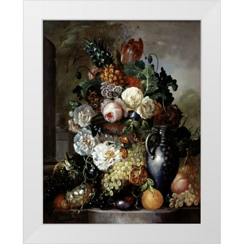 Still Life of Fruit and Flowers White Modern Wood Framed Art Print by Hyugens, Francois Joseph