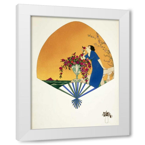 Fan: Woman On Balcony Smelling Rose White Modern Wood Framed Art Print by Iribe, Paul