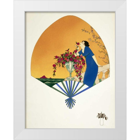 Fan: Woman On Balcony Smelling Rose White Modern Wood Framed Art Print by Iribe, Paul