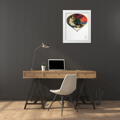 Fan: Woman Seated On Pillow Looking at Sea White Modern Wood Framed Art Print by Iribe, Paul
