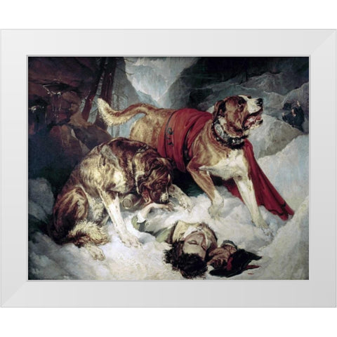 Alpine Mastiffs Reanimating a Distressed Traveller White Modern Wood Framed Art Print by Landseer, Sir Edwin