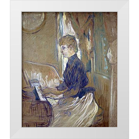 At the Piano, Madame Juliette Pascal in the Salon of the Malrome Palace White Modern Wood Framed Art Print by Toulouse-Lautrec, Henri