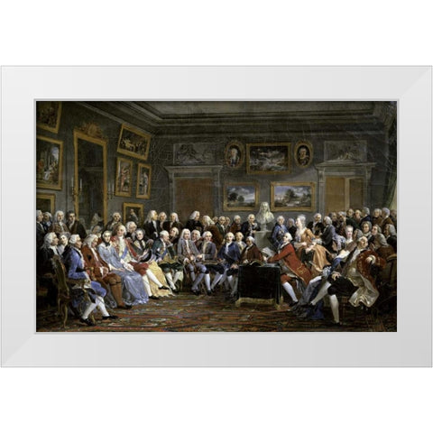 Reading of The Tragedy of Voltaire In Thesalon of Mrs. Jeoffrin White Modern Wood Framed Art Print by Lemonnier, Anicet Charles Gabriel