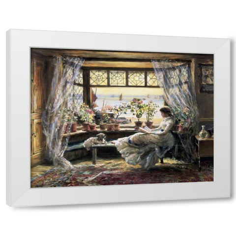 Reading by the Window, Hastings White Modern Wood Framed Art Print by Lewis, Charles James