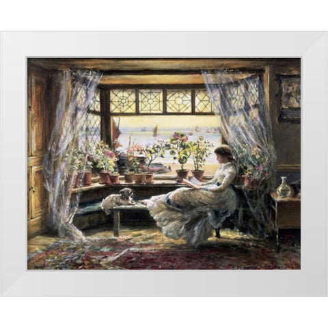 Reading by the Window, Hastings White Modern Wood Framed Art Print by Lewis, Charles James