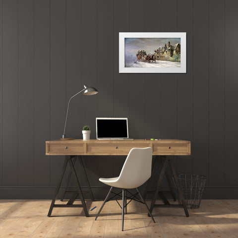 Salisbury In Winter: Coach Arrives at The Star Inn White Modern Wood Framed Art Print by Maggs, John Charles