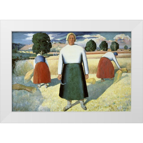 Female Farmers White Modern Wood Framed Art Print by Malevich, Kazimir