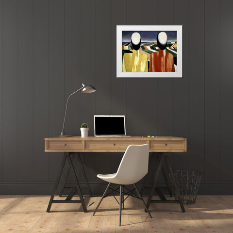 Two Farmers White Modern Wood Framed Art Print by Malevich, Kazimir