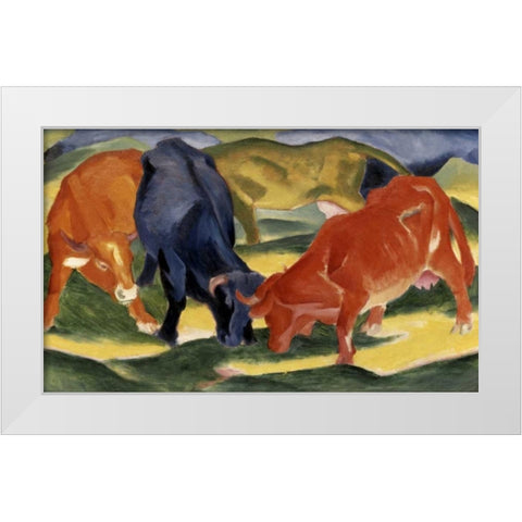 Fighting Cows White Modern Wood Framed Art Print by Marc, Franz