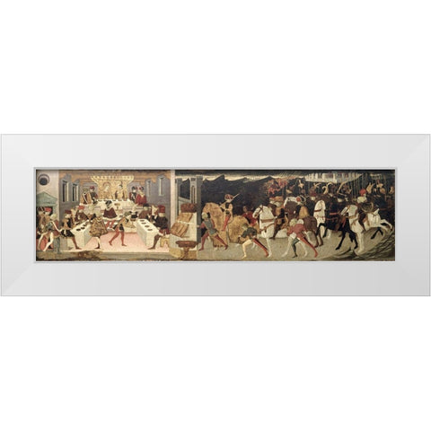 Story of Alatiel On Horseback and at a Banque White Modern Wood Framed Art Print by Master of Jarves Cassoni,