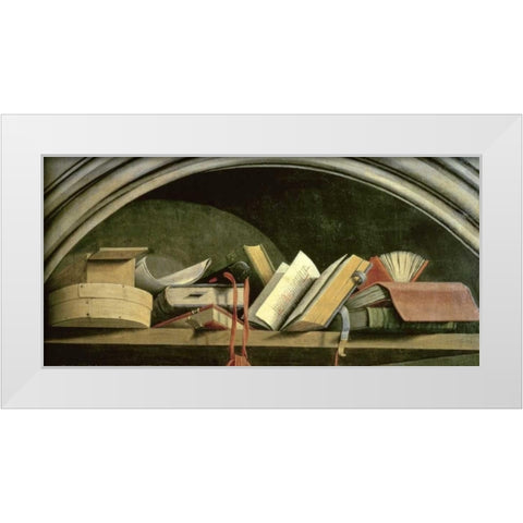 Still Life: Shelf With Books White Modern Wood Framed Art Print by Masters of the Aix Annuniciation