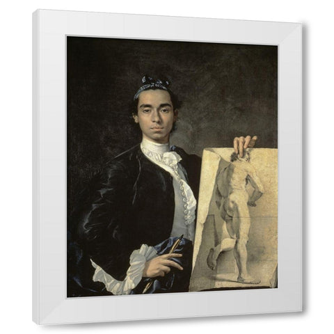 Portrait of The Artist Holding a Life Study White Modern Wood Framed Art Print by Melendez, Luis Egidio