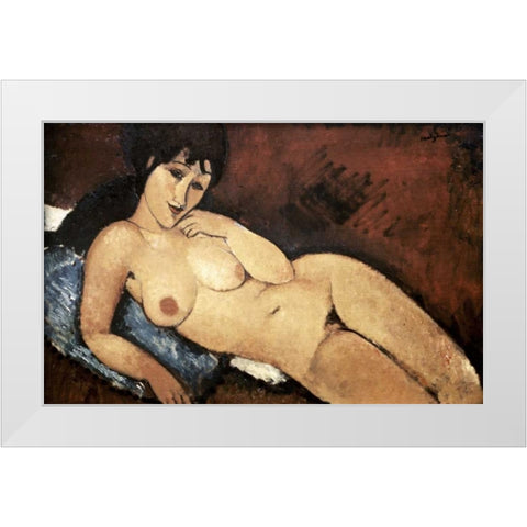 Nude on a Blue Cushion White Modern Wood Framed Art Print by Modigliani, Amedeo