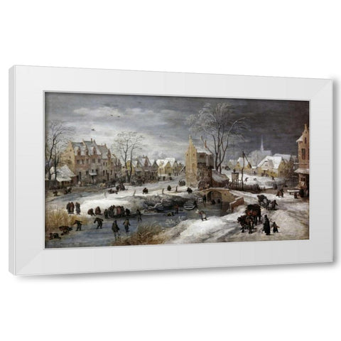 A Village In Winter White Modern Wood Framed Art Print by De Momper, Joos the Younger