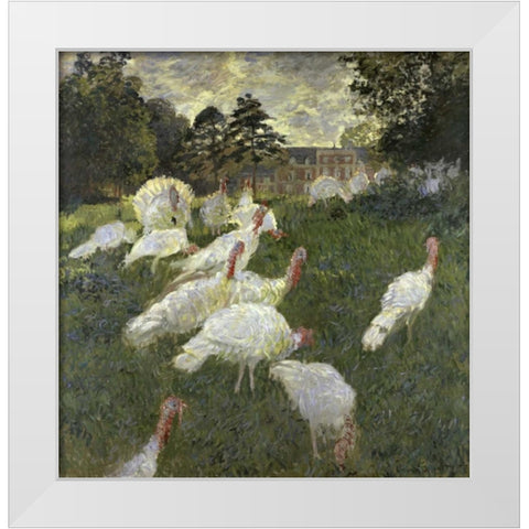 The Turkeys at the Chateau de Rottembourg, Montgeron White Modern Wood Framed Art Print by Monet, Claude