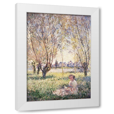 Woman Seated under the Willows White Modern Wood Framed Art Print by Monet, Claude