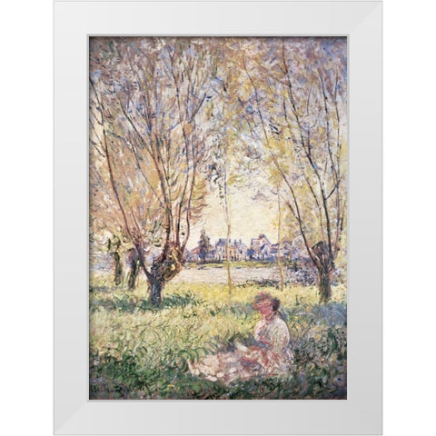 Woman Seated under the Willows White Modern Wood Framed Art Print by Monet, Claude